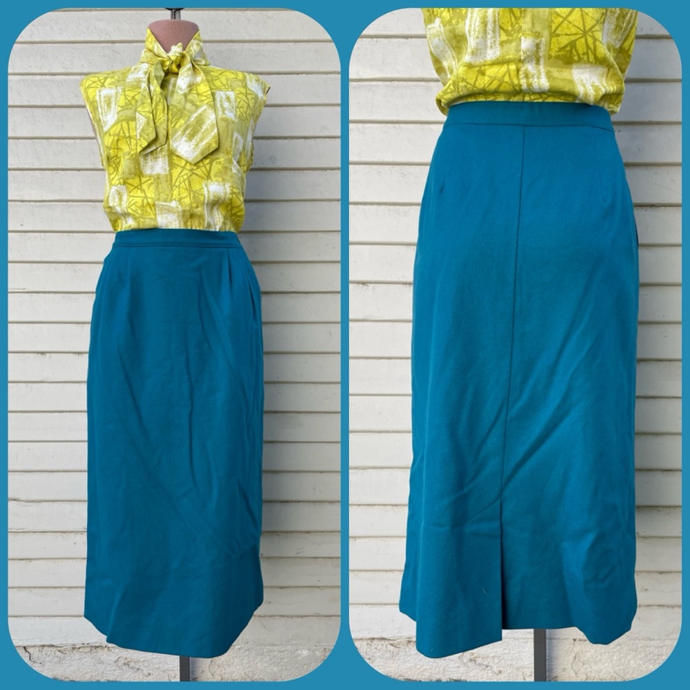 Vintage PENDLETON Gold Label 100% Virgin Wool Made in USA Teal Midi Pin Skirt